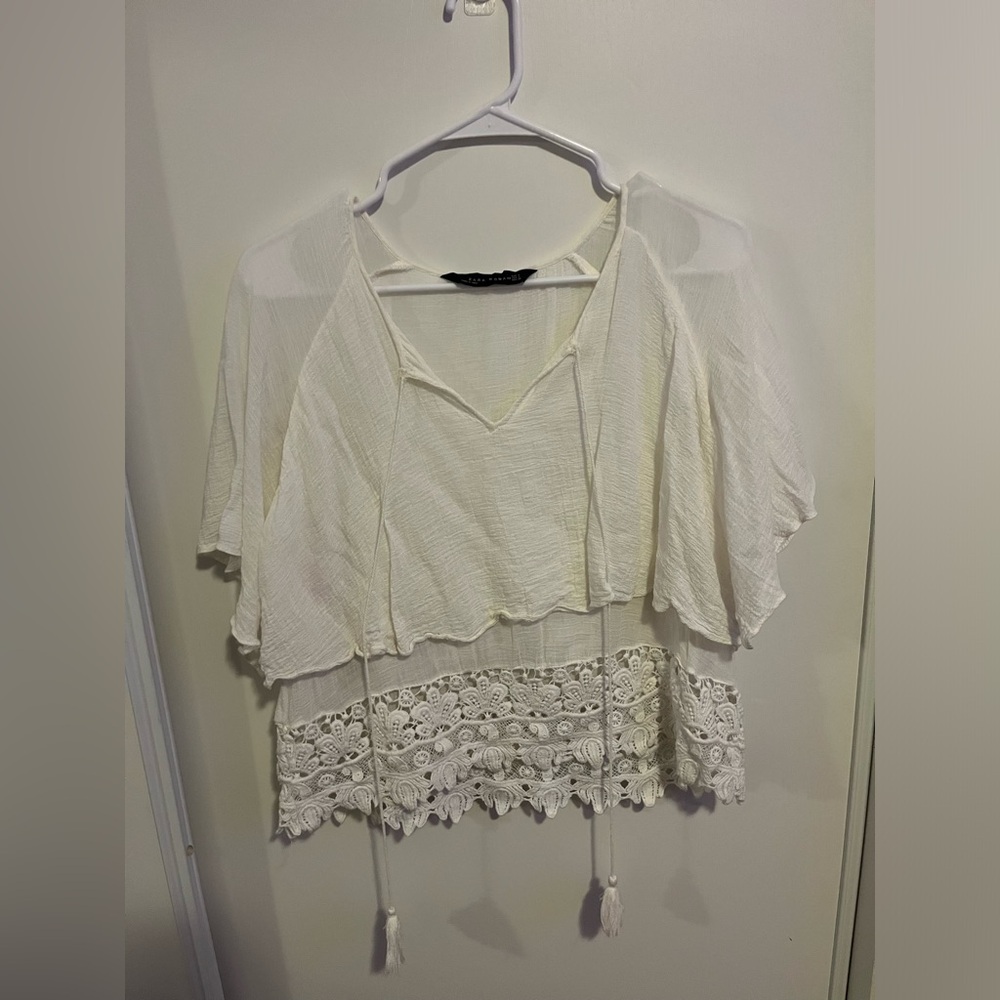 Zara‎ Boho Blouse Womens Medium Sheer Sleeve V Neck Lace Trim White Lightweight